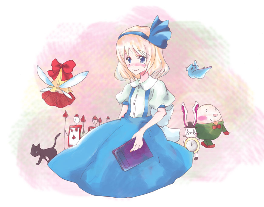 alice_in_wonderland, alice_margatroid, alice_margatroid_(pc-98), bird, cat, humpty_dumpty, k.k., shanghai_doll, touhou, touhou_(pc-98), white_rabbit