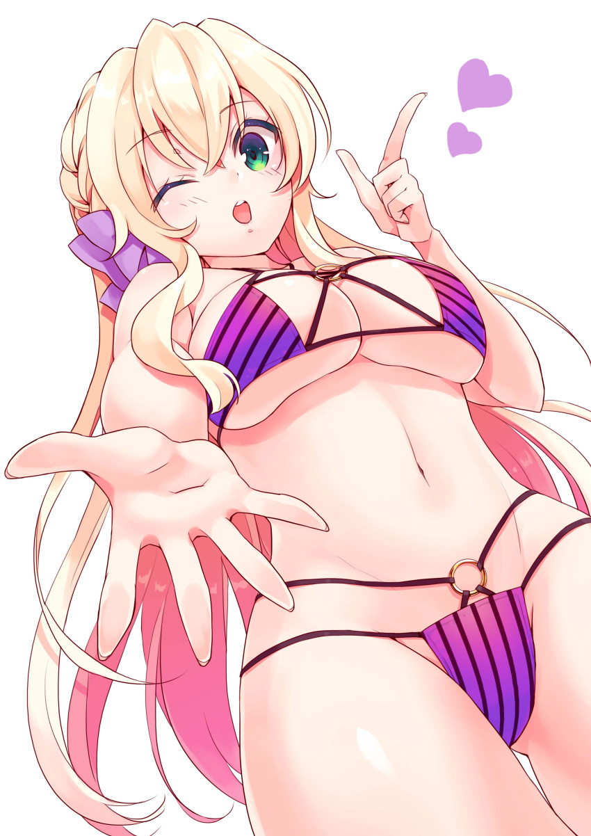 1girl, ;d, absurdres, bikini, blonde_hair, blush, breasts, cleavage