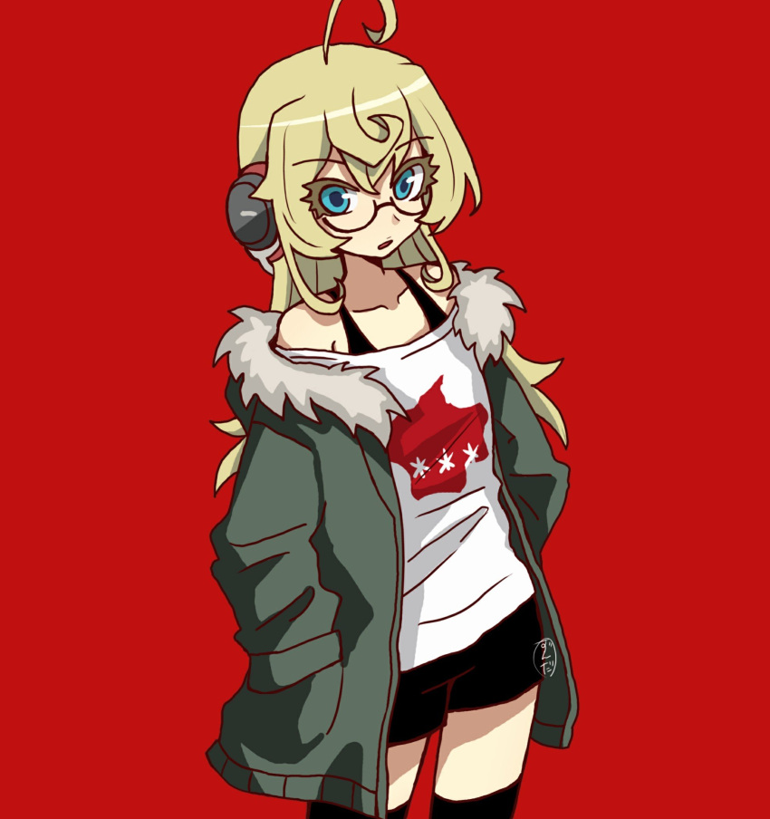 1girl, ahoge, blonde_hair, blue_eyes, cosplay, headphones, highres, jacket, persona, persona_5, sakura_futaba_(cosplay), seiyuu_connection, tanya_degurechaff, youjo_senki, yuuki_aoi, z_d_a_n_k