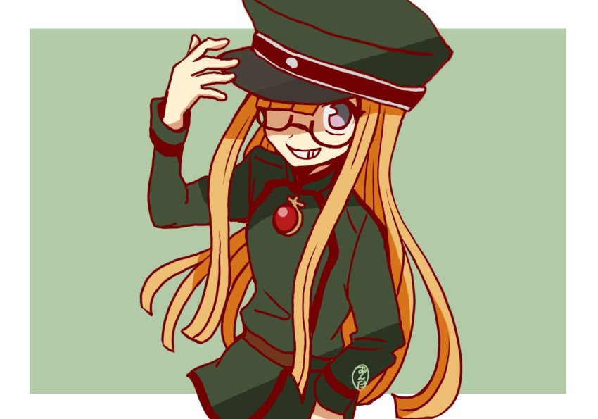 1girl, cosplay, glasses, grin, hat, military, military_uniform, orange_hair
