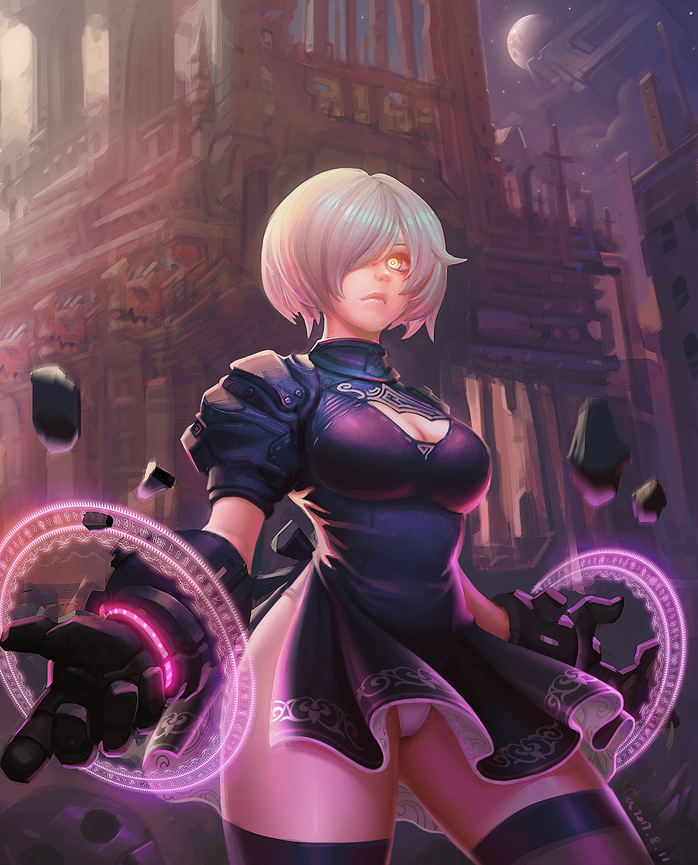 1girl, 2017, alternate_eye_color, arms_at_sides, artist_name, bangs, black_dress, black_gloves, black_hairband, black_legwear, black_ribbon, breasts, building, cleavage, cleavage_cutout, closed_mouth, clouds, cowboy_shot, dated, dress, full_moon, gloves, hair_over_one_eye, hairband, hands, highres, leotard, lips, looking_at_viewer, magic_circle, make_days, medium_breasts, moon, nier_(series), nier_automata, night, night_sky, no_blindfold, no_mole, nose, outdoors, patterned_clothing, power_gloves, print_dress, puffy_short_sleeves, puffy_sleeves, ribbon, rock, ruins, shards, short_hair, short_sleeves, shoulder_pads, silver_hair, sky, solo, standing, star_(sky), starry_sky, stone, thigh-highs, thighs, turtleneck, upper_body, vambraces, weapon, white_leotard, yellow_eyes, yorha_no._2_type_b