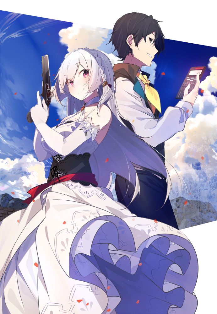 benio_(dontsugel), black_hair, braid, dress, elbow_gloves, gloves, graphing_calculator, gun