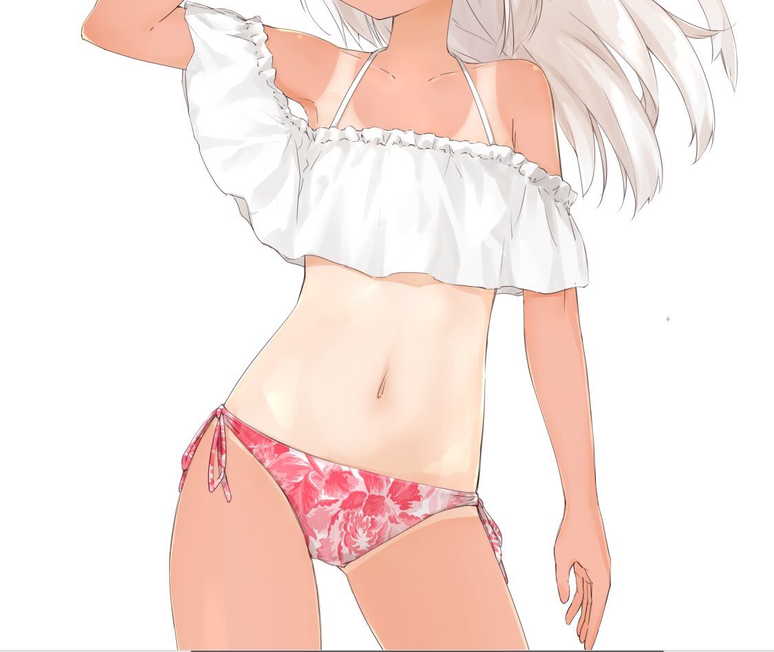 1girl, arm_up, armpit_peek, bare_shoulders, bikini, bikini_bottom, contrapposto, cowboy_shot, crop_top, floral_print, gluteal_fold, halterneck, head_out_of_frame, kantai_collection, long_hair, midriff, navel, off-shoulder_shirt, one-piece_tan, print_bikini_bottom, ro-500_(kantai_collection), shirt, side-tie_bikini, simple_background, solo, suke_(momijigari), swimsuit, tan, tanline, white_background, white_hair