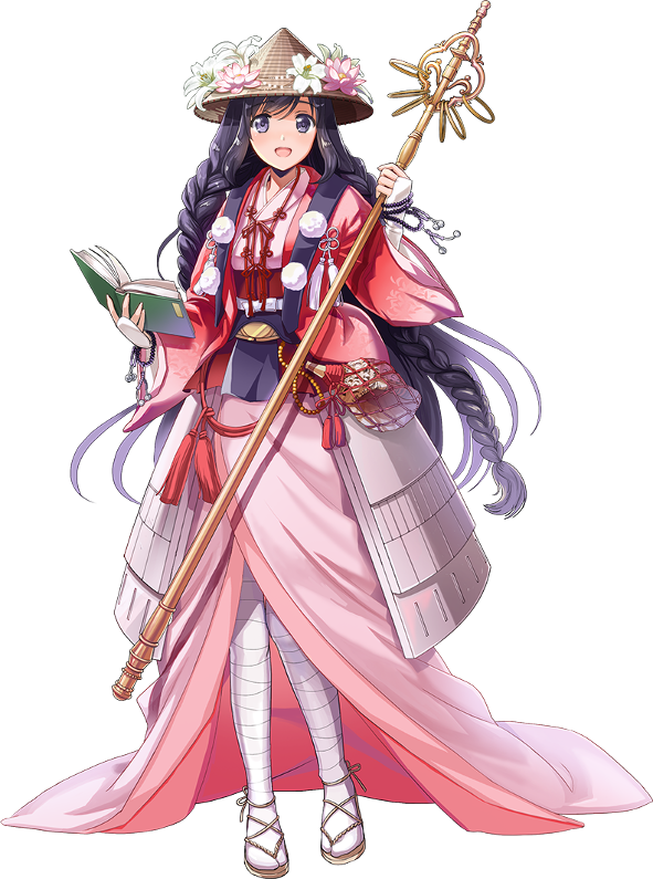 1girl, :d, artist_request, black_hair, book, braid, fingerless_gloves, flower, fukushima_(oshiro_project), full_body, gloves, hat, holding, holding_book, holding_staff, japanese_clothes, looking_at_viewer, open_mouth, oshiro_project, oshiro_project_re, smile, staff, transparent_background, violet_eyes