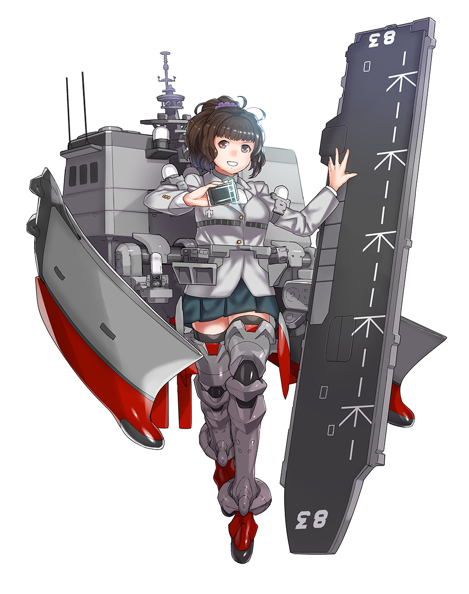 1girl, black_skirt, brown_eyes, brown_hair, cellphone, grey_legwear, izumo_(jmsdf), jack_hamster, kantai_collection, mecha_musume, original, phone, scrunchie, short_hair, skirt, smartphone, smile, solo, standing, uniform