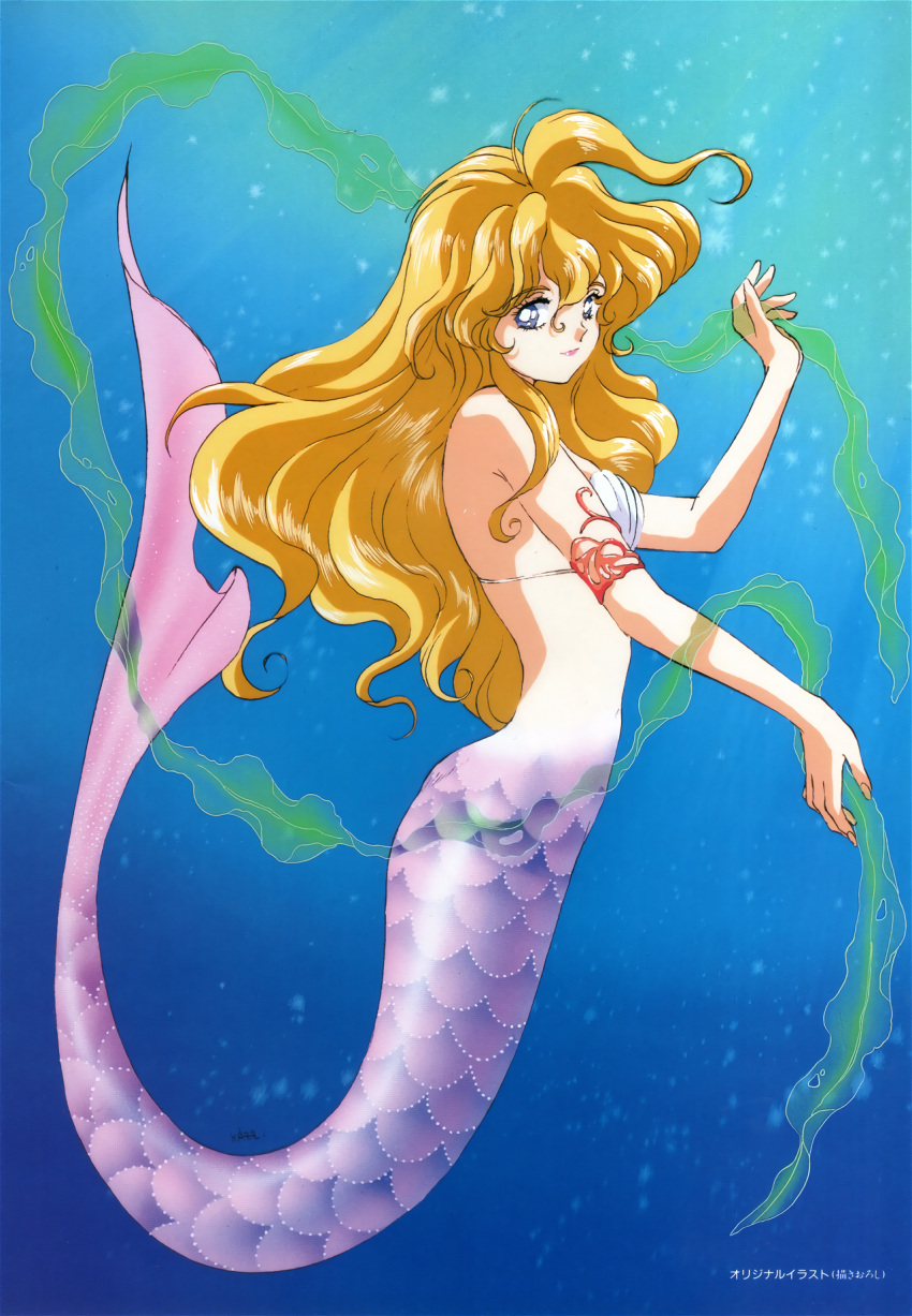 1girl, armlet, blonde_hair, blue_eyes, fins, full_body, highres, kelp