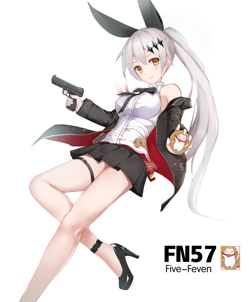 1girl, badge, bangs, black_bow, black_shoes, black_skirt, blouse, blush