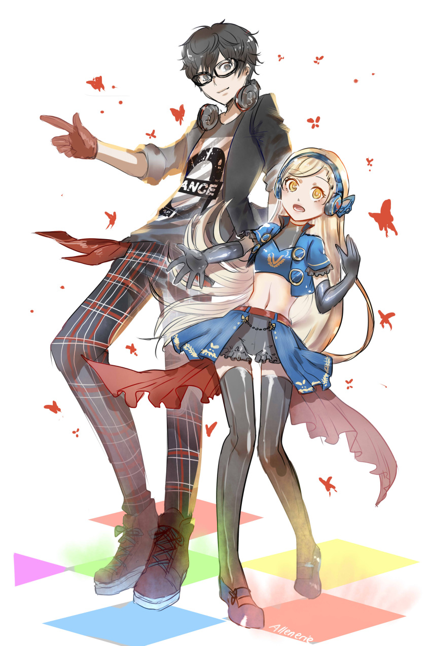 1boy, 1girl, absurdres, allenerie, artist_name, black_gloves, black_hair, blonde_hair