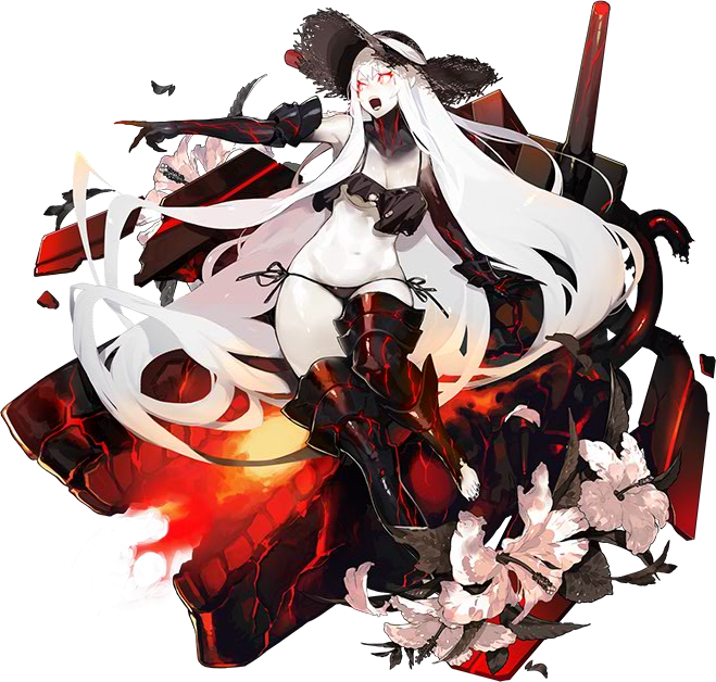 1girl, aircraft_carrier_hime, aircraft_carrier_summer_hime, akira_(kadokawa), bikini, black_bikini, black_hat, hat, kantai_collection, long_hair, official_art, open_mouth, red_eyes, shinkaisei-kan, side-tie_bikini, solo, swimsuit, very_long_hair, white_hair