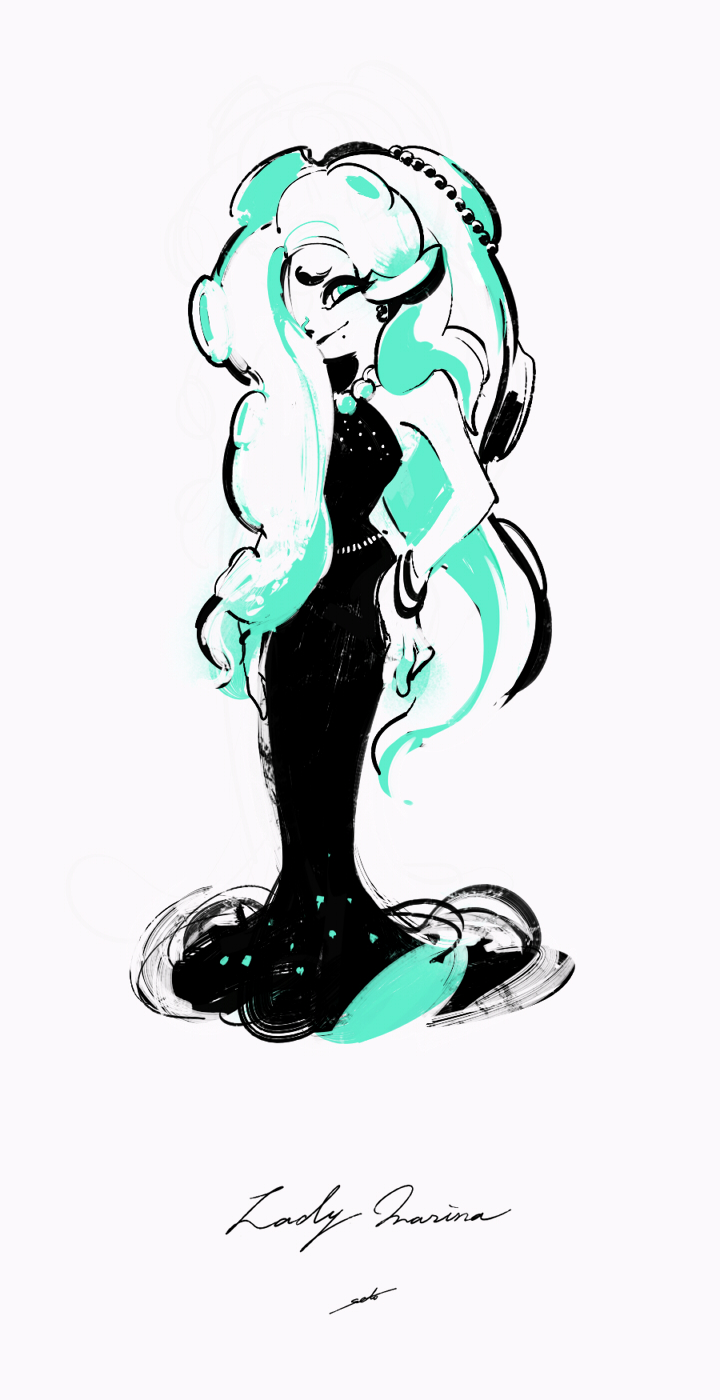 1girl, aqua_eyes, aqua_hair, black_dress, character_name, dress, full_body, hair_over_one_eye
