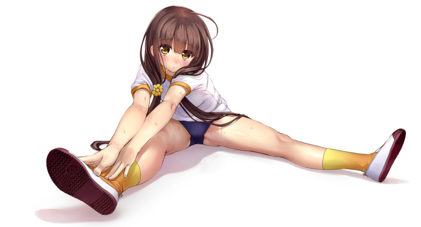 1girl, :<, blue_buruma, blush, brown_hair, commentary_request, flower, flower_knight_girl
