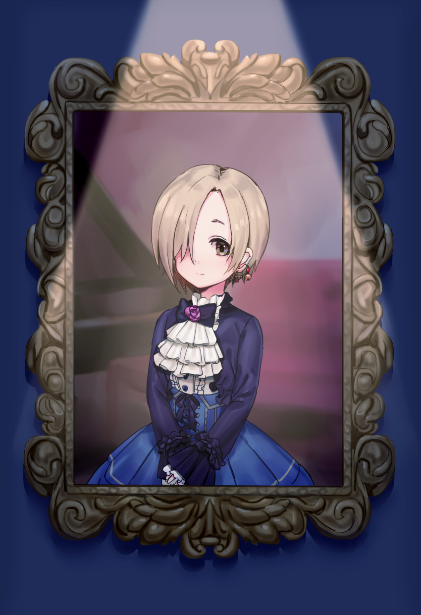 10s, 1girl, absurdres, blonde_hair, brown_eyes, cravat, earrings, hair_over_one_eye