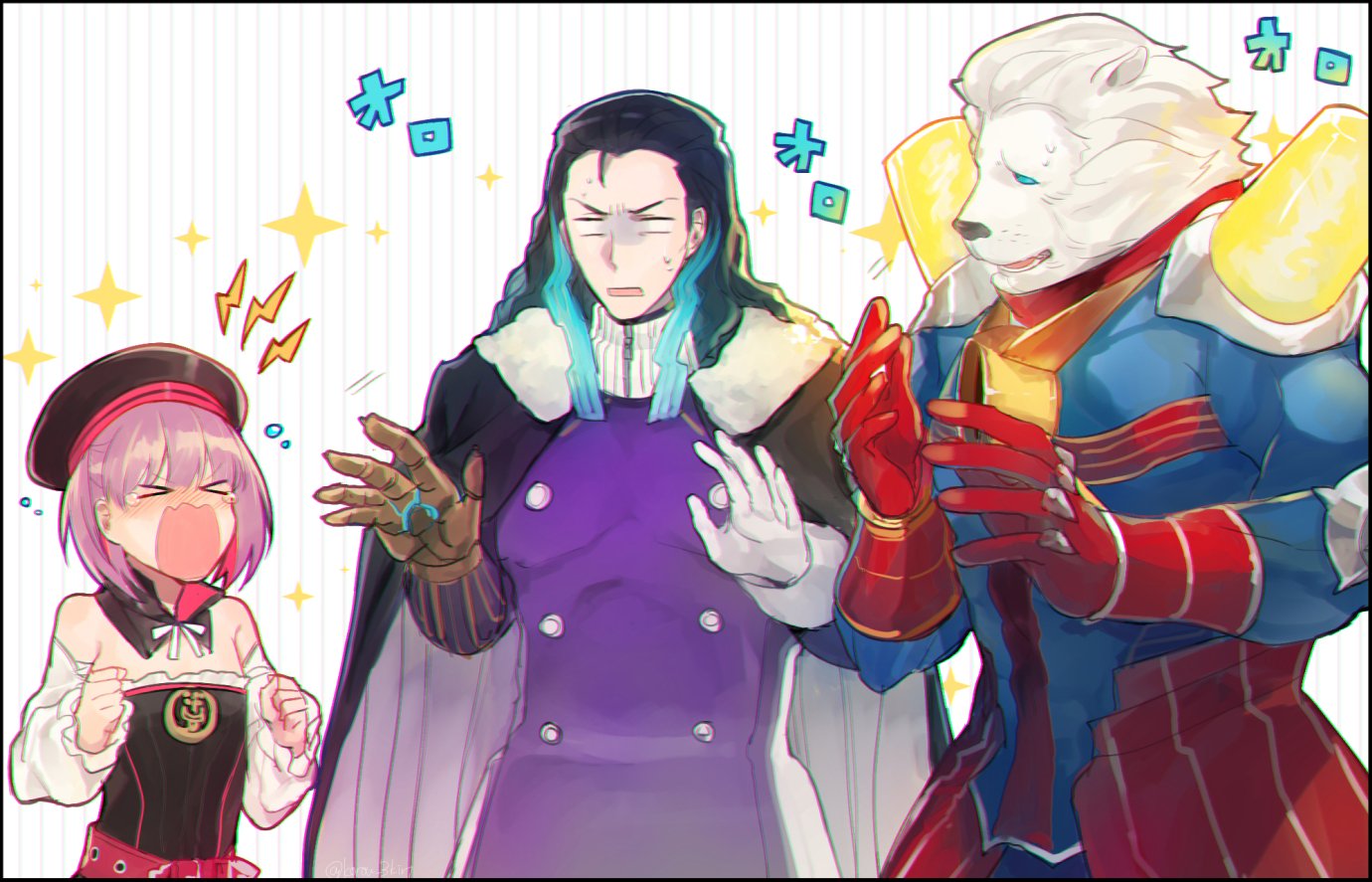 >_<, 1girl, 2boys, black_hair, blue_eyes, blush, closed_eyes, commentary_request