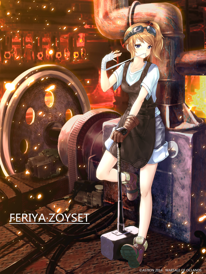 1girl, absurdres, apron, bandage, blue_eyes, blush, brown_gloves, brown_hair, character_request, collarbone, copyright_request, gloves, goggles, goggles_on_head, hair_bobbles, hair_ornament, hammer, highres, looking_at_viewer, short_ponytail, side_ponytail, solo, xuanyuan_jiyu