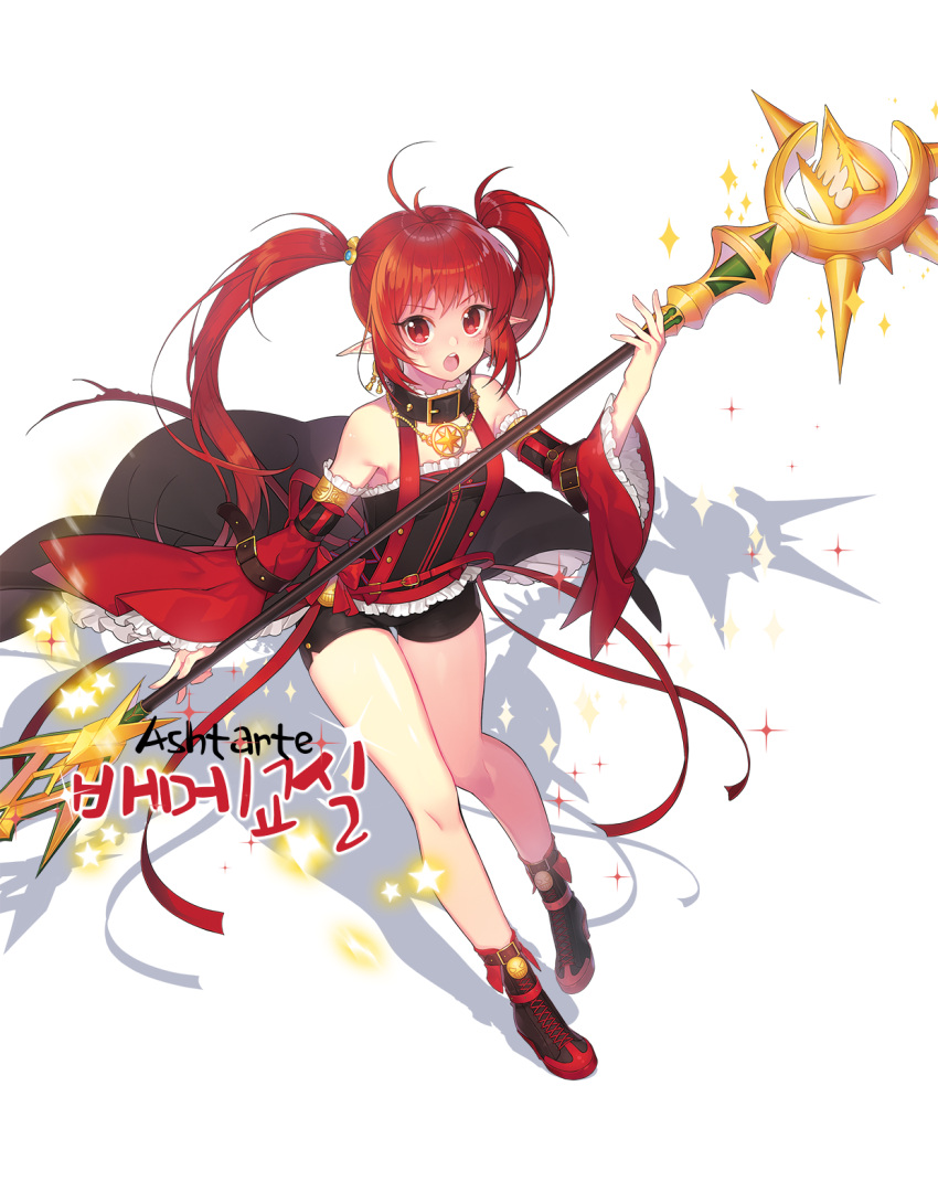 1girl, :o, ankle_boots, antenna_hair, bangs, bare_shoulders, belt, black_shorts