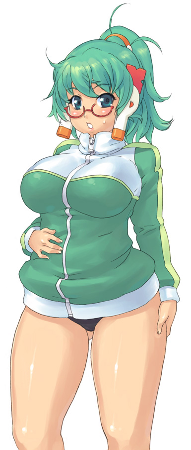 bottomless, breasts, curvy, glasses, green_eyes, green_hair, homeko, jersey