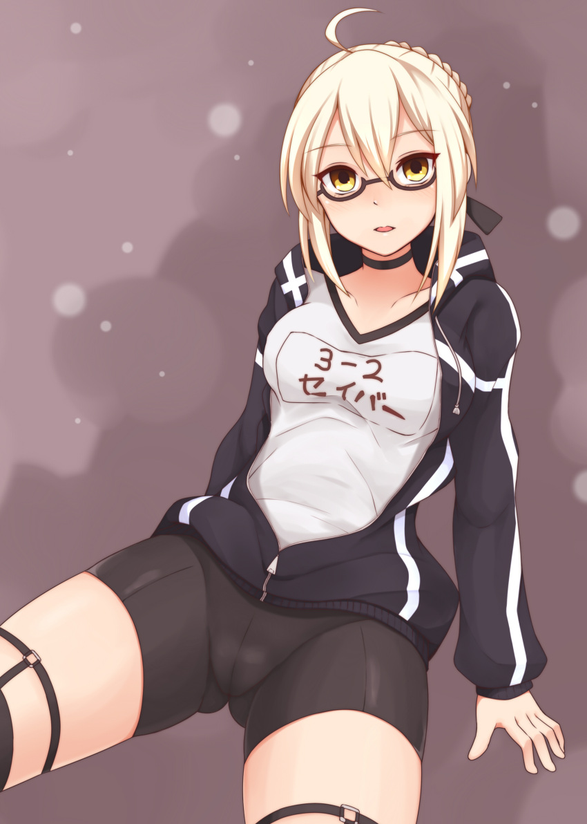 1girl, absurdres, ahoge, artoria_pendragon_(all), ass, bike_shorts, black-framed_eyewear, black_shorts