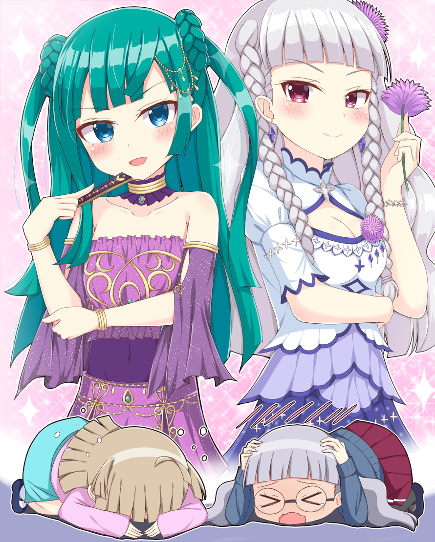 >_<, 4girls, blue_eyes, blush, breasts, brown_hair, character_request, chibi, cleavage, closed_eyes, closed_mouth, collarbone, facing_away, glasses, green_hair, large_breasts, long_hair, looking_at_viewer, meiji_(meizi493), multiple_girls, parted_lips, pripara, red_eyes, red_skirt, silver_hair, skirt, smile, tsukikawa_chiri