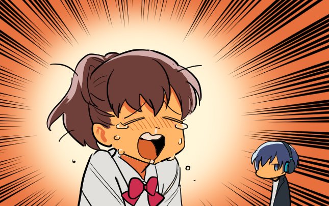 1boy, 1girl, brown_hair, chibi, closed_eyes, crying, emphasis_lines, female_protagonist_(persona_3)