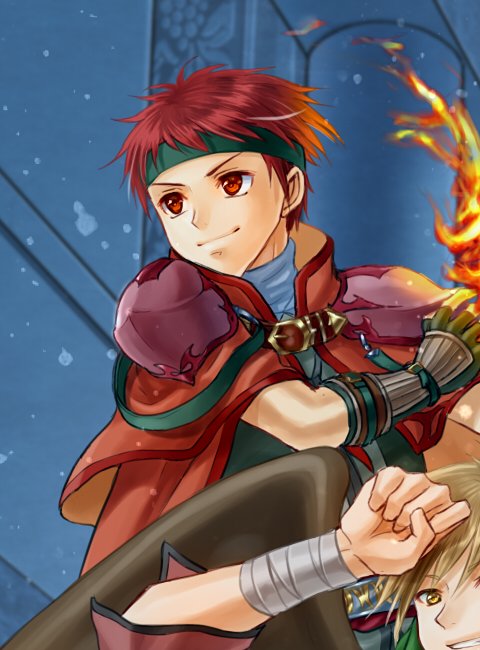 2boys, cape, fingerless_gloves, fire, fire_emblem, fire_emblem:_souen_no_kiseki, gloves, headband