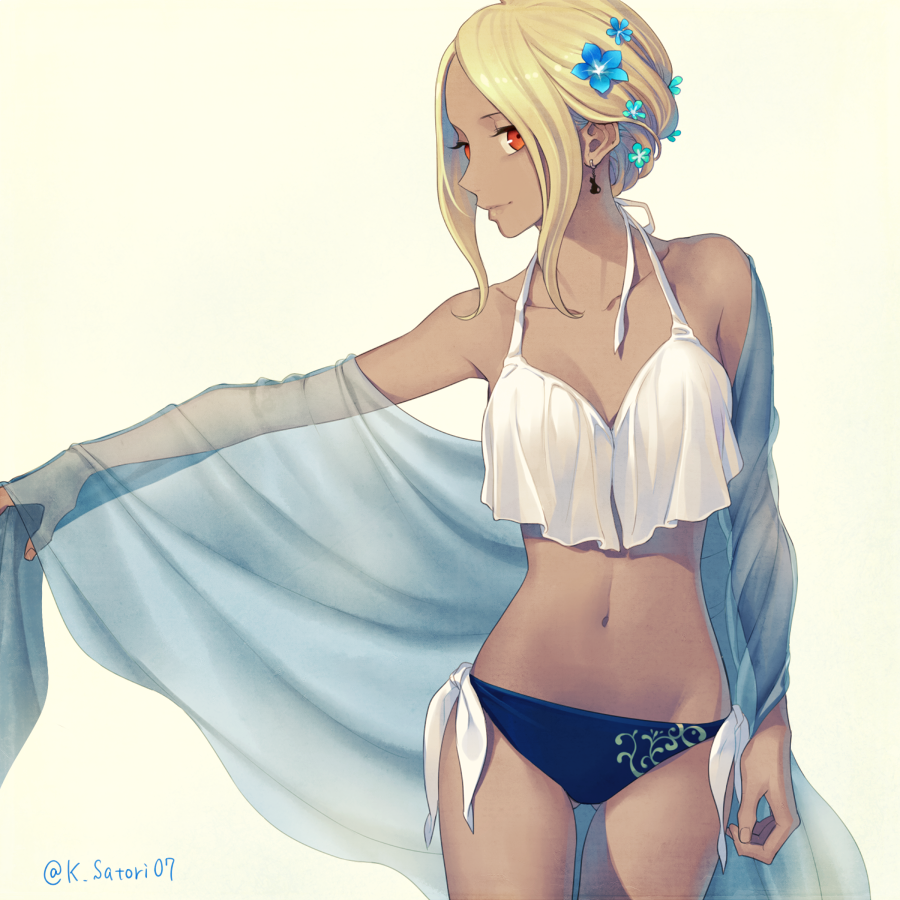 1girl, alternate_hairstyle, bare_shoulders, blonde_hair, dark_skin, flaxvivi, gravity_daze, kitten_(gravity_daze), long_hair, red_eyes, shirt, smile, solo, swimsuit