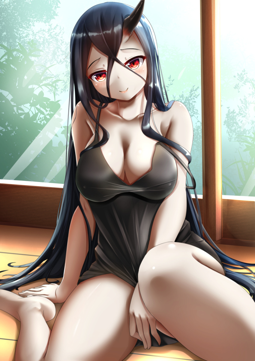 1girl, bare_arms, battleship_water_oni, between_legs, black_dress, black_hair, breasts, cleavage
