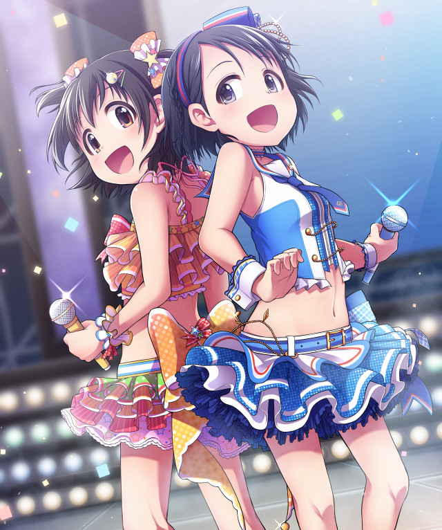 10s, 2girls, :d, akagi_miria, ayami_(ayanoayanosuke), back-to-back, beads, belt