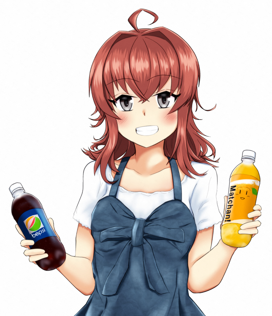 1girl, ahoge, arashi_(kantai_collection), bangs, blush, bottle, brand_name_imitation, casual