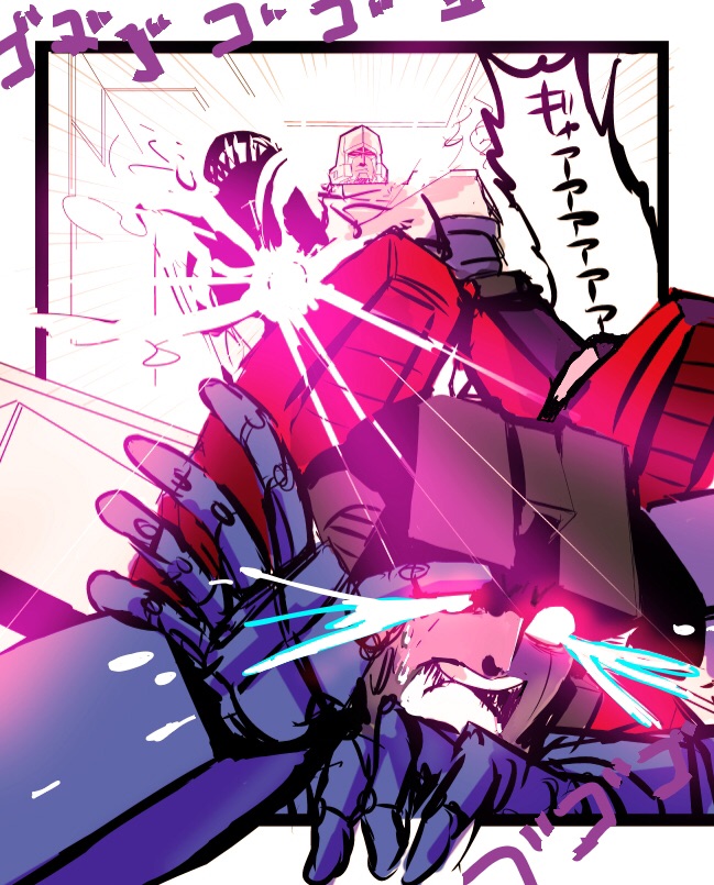 2boys, 80s, arm_cannon, blasting_machine, cannon, crying, crying_with_eyes_open, decepticon, glowing, glowing_eyes, indoors, machine, machinery, mecha, megatron, multiple_boys, no_humans, oden_(dofuko), oldschool, open_mouth, personification, red_eyes, robot, starscream, tears, transformers, wavy_mouth, weapon