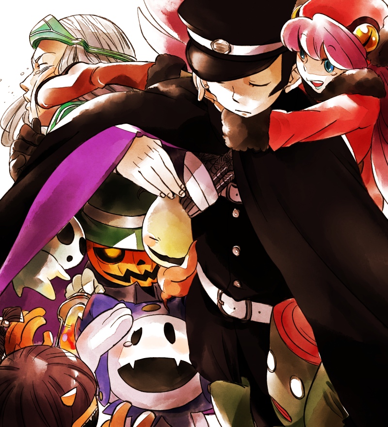 black_hair, blue_eyes, boots, cape, closed_eyes, devil_summoner, hat, jack_frost
