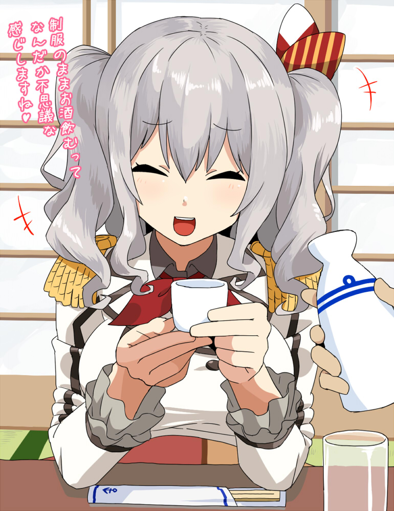 1girl, ^_^, ^o^, breasts, chopsticks, closed_eyes, cup, drinking_glass