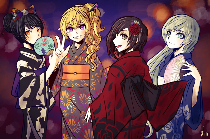 4girls, blake_belladonna, braiding_hair, fan, flower, hair_down, hair_flower, hair_ornament
