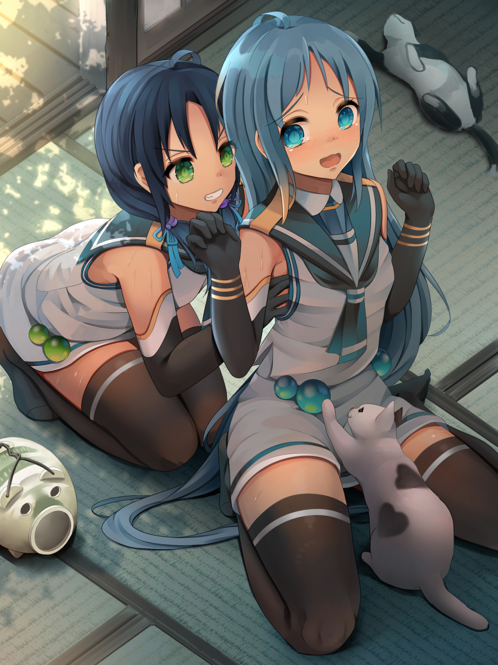 2girls, animal, bangs, black_legwear, blue_eyes, blue_hair, cat, commentary_request