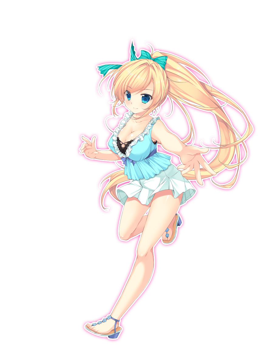 1girl, bangs, blonde_hair, blue_eyes, bow, bowtie, breasts, cleavage, collarbone, dolphin_blade, eyebrows_visible_through_hair, frills, full_body, large_breasts, long_hair, looking_at_viewer, mikeou, one_leg_raised, open_toe_shoes, outstretched_arm, ponytail, sandals, shoes, skirt, sleeveless, smile, solo, transparent_background, very_long_hair