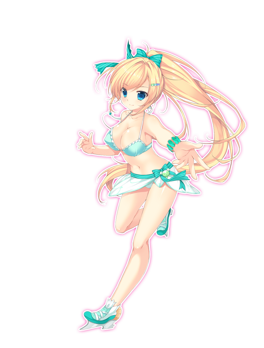 1girl, bangs, bare_shoulders, bikini, blonde_hair, blue_eyes, bow, bowtie, bracelet, breasts, cleavage, collarbone, dolphin_blade, eyebrows_visible_through_hair, full_body, hair_ornament, hairclip, ice_skates, jewelry, large_breasts, long_hair, looking_at_viewer, mikeou, navel, one_leg_raised, outstretched_arm, ponytail, skates, smile, solo, swimsuit, transparent_background, very_long_hair
