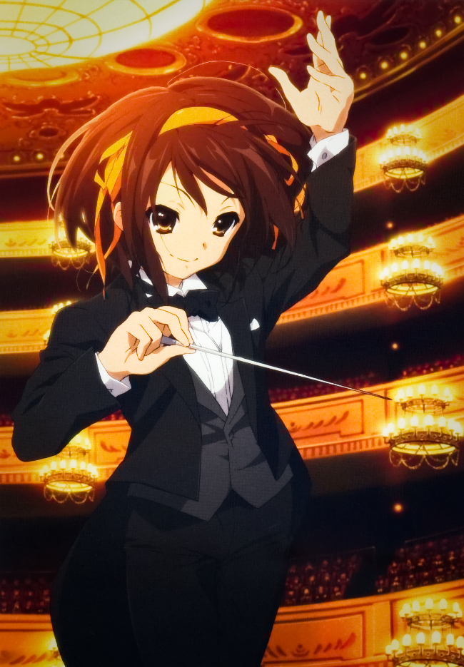 baton, baton_(instrument), blazer, brown_hair, conductor, formal, hairband, hands
