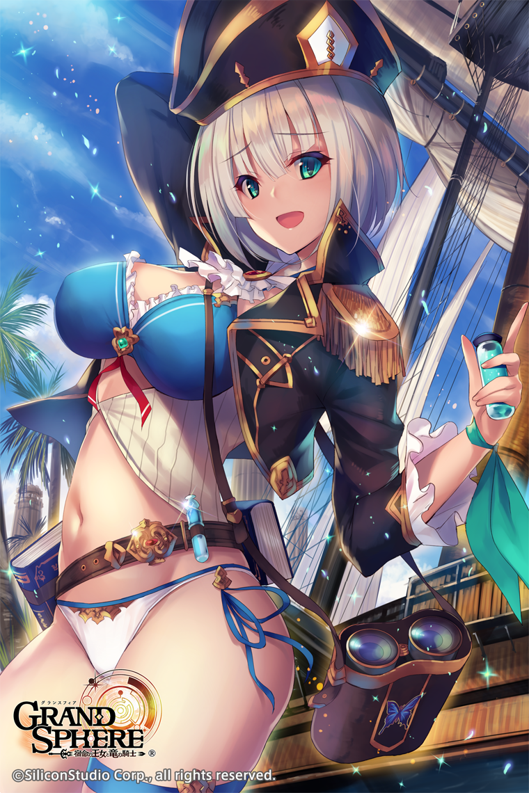 1girl, aqua_eyes, arm_up, arms_behind_head, bangs, belt, bikini, binoculars