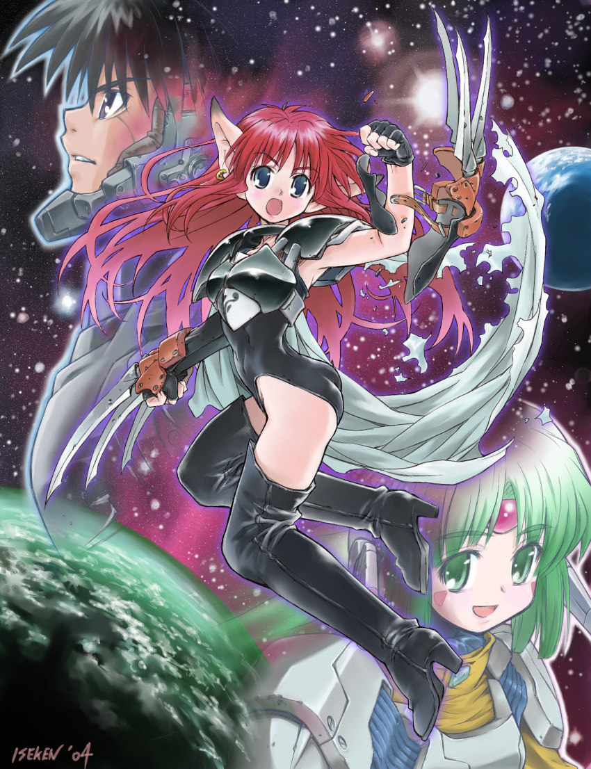 1boy, 2girls, android, armor, artist_signature, black_hair, blue_eyes, boots