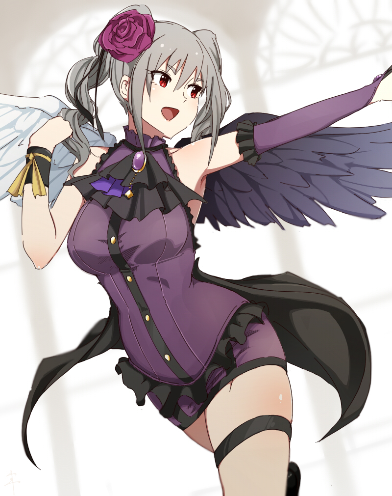 10s, 1girl, :d, armpit_peek, asymmetrical_wings, bangs, bare_shoulders, breasts