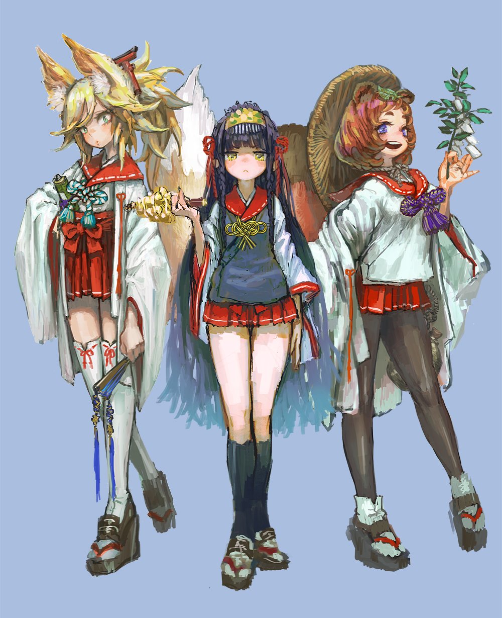 3girls, animal_ears, black_hair, blonde_hair, blue_background, blue_eyes, breasts, brown_hair