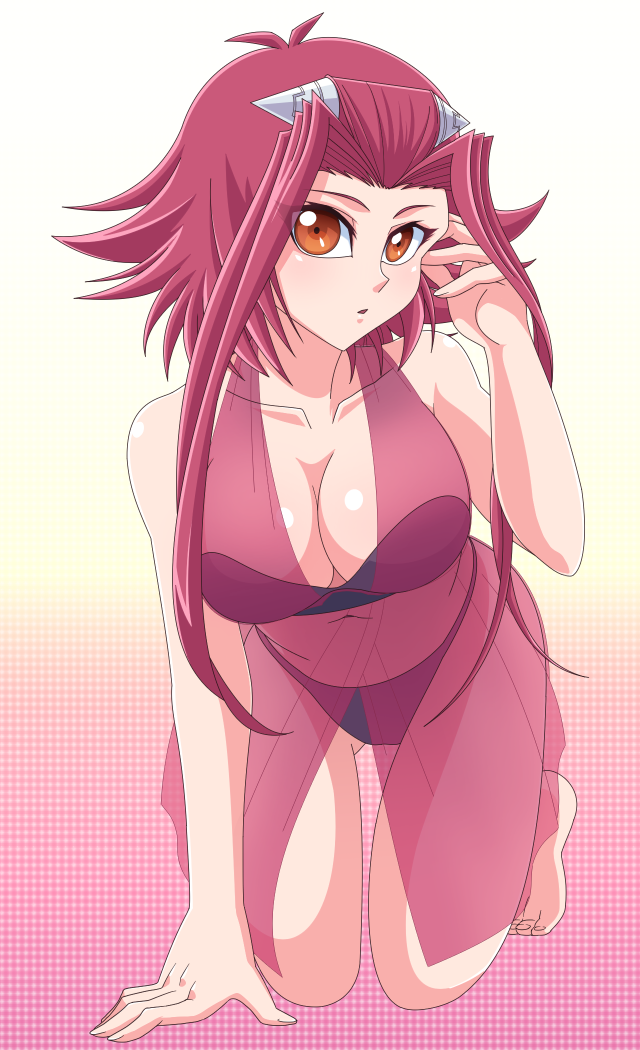 1girl, all_fours, bikini, breasts, brown_eyes, cleavage, collarbone, hand_in_hair, izayoi_aki, large_breasts, long_hair, looking_at_viewer, medium_hair, motsu_(pixiv26352203), navel, red_hair, redhead, see-through, solo, swimsuit, underwear, underwear_only, yu-gi-oh!, yuu-gi-ou, yuu-gi-ou_5d's