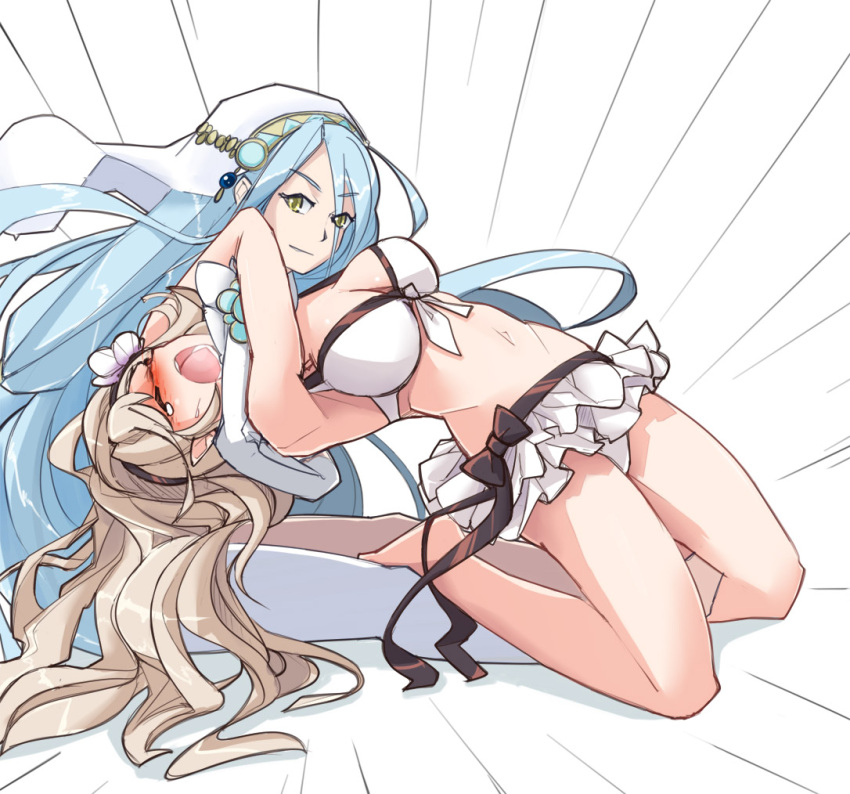 2girls, aqua_(fire_emblem_if), barefoot, bikini, blue_hair, blush, breasts, cleavage