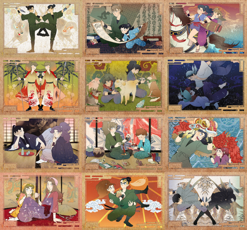 animal, collage, fine_art_parody, highres, japanese_clothes, kunai, nihonga, ninja