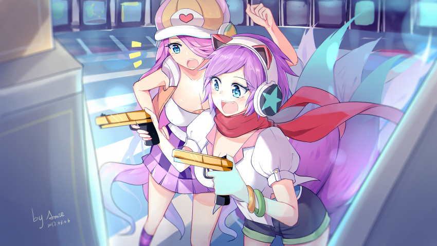 2girls, ahri, alternate_costume, amiemie, animal_ears, arcade_ahri, bracelet, breasts