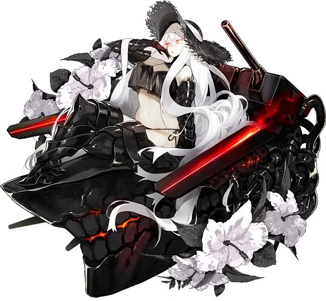 1girl, aircraft_carrier_summer_oni, akira_(kadokawa), armor, armored_boots, bikini, black_bikini, black_legwear, boots, breasts, cannon, flower, gauntlets, glowing, glowing_eyes, glowing_weapon, hand_on_own_face, hat, kantai_collection, large_breasts, long_hair, machinery, monster, official_art, orange_eyes, shinkaisei-kan, side-tie_bikini, solo, swimsuit, teeth, thigh-highs, thigh_boots, transparent_background, very_long_hair, weapon, white_hair, white_skin