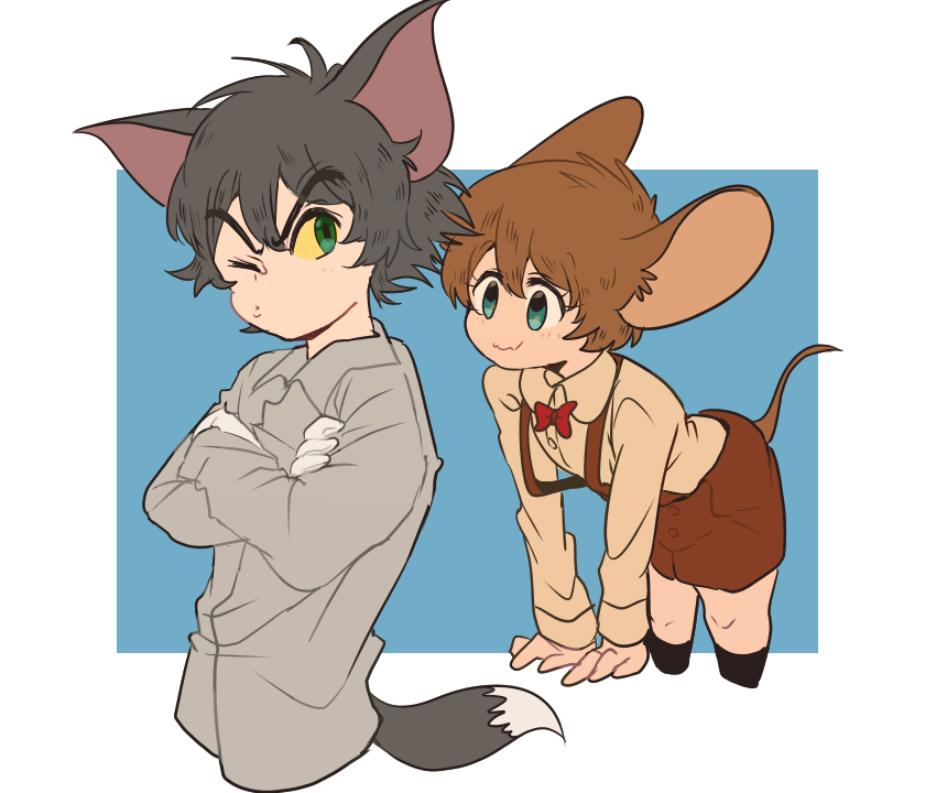 2boys, animal_ears, blue_eyes, bow, bowtie, brown_hair, cat_ears, cat_tail