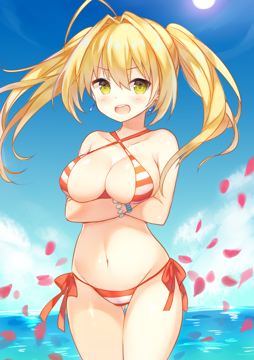 10s, 1girl, :d, ahoge, bangs, bare_arms, bare_legs, bare_shoulders, bikini, blonde_hair, blue_sky, blush, bracelet, breast_hold, breasts, cleavage, clouds, cloudy_sky, collarbone, commentary_request, cowboy_shot, criss-cross_halter, crossed_arms, day, earrings, eyebrows_visible_through_hair, eyelashes, fate/extra, fate/grand_order, fate_(series), gluteal_fold, green_eyes, groin, hair_between_eyes, hair_intakes, halter_top, halterneck, highres, jewelry, large_breasts, legs_together, long_hair, looking_at_viewer, medium_breasts, midriff, narusegawa_riko, navel, nero_claudius_(swimsuit_caster)_(fate), ocean, open_mouth, outdoors, petals, rose_petals, saber_extra, side-tie_bikini, sidelocks, sky, smile, solo, standing, stomach, striped, striped_bikini, sun, swimsuit, thigh_gap, twintails, under_boob, upper_teeth, water