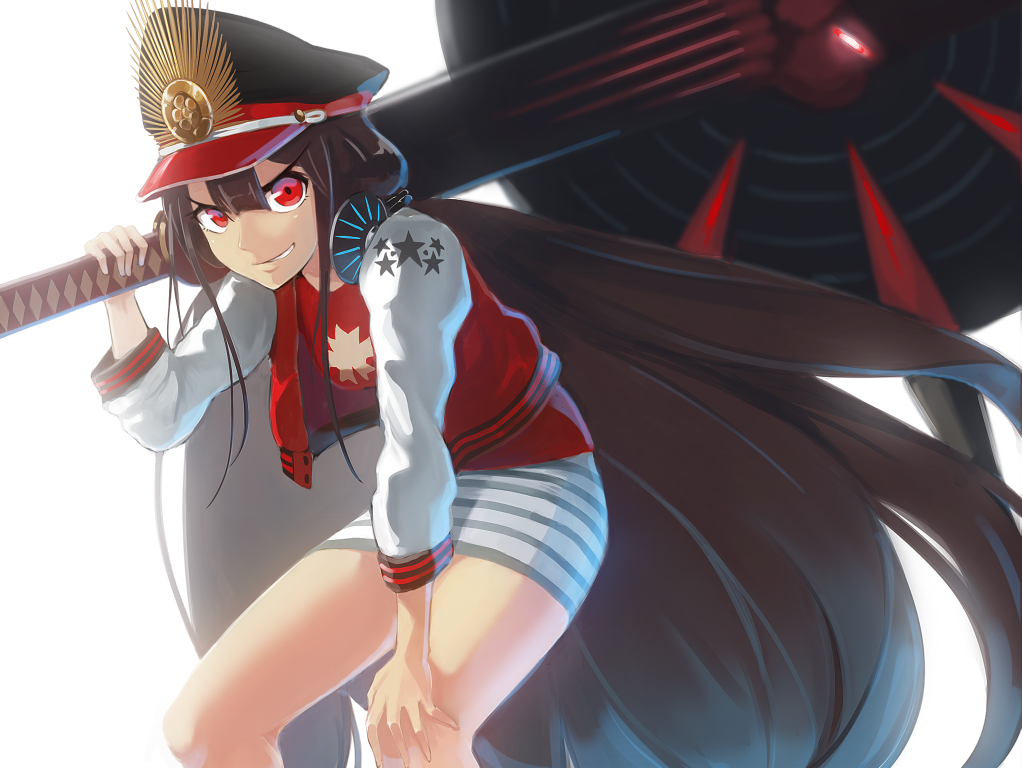 >:d, 1girl, :d, absurdly_long_hair, bangs, brown_hair, buster_shirt, commentary_request