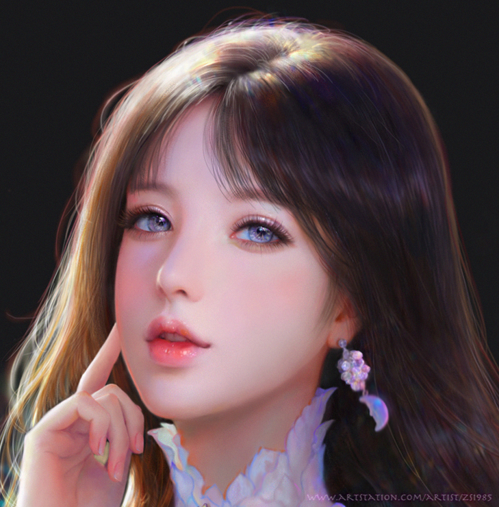 1girl, bangs, blue_eyes, brown_hair, close-up, crescent, earrings, face