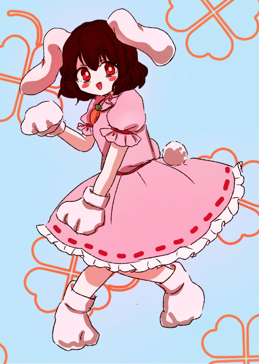 1girl, :d, animal_ears, blush, brown_hair, bunny_paws, bunny_tail, carrot_necklace
